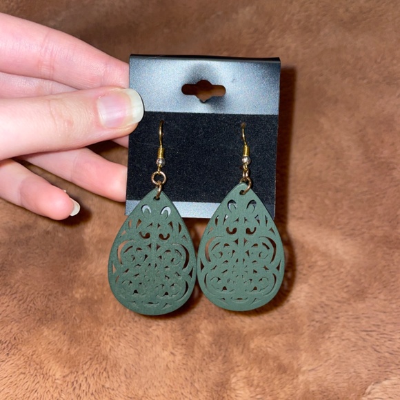 Dark Green Laser Cut Wood Teardrop Dangle Earrings - Picture 2 of 3